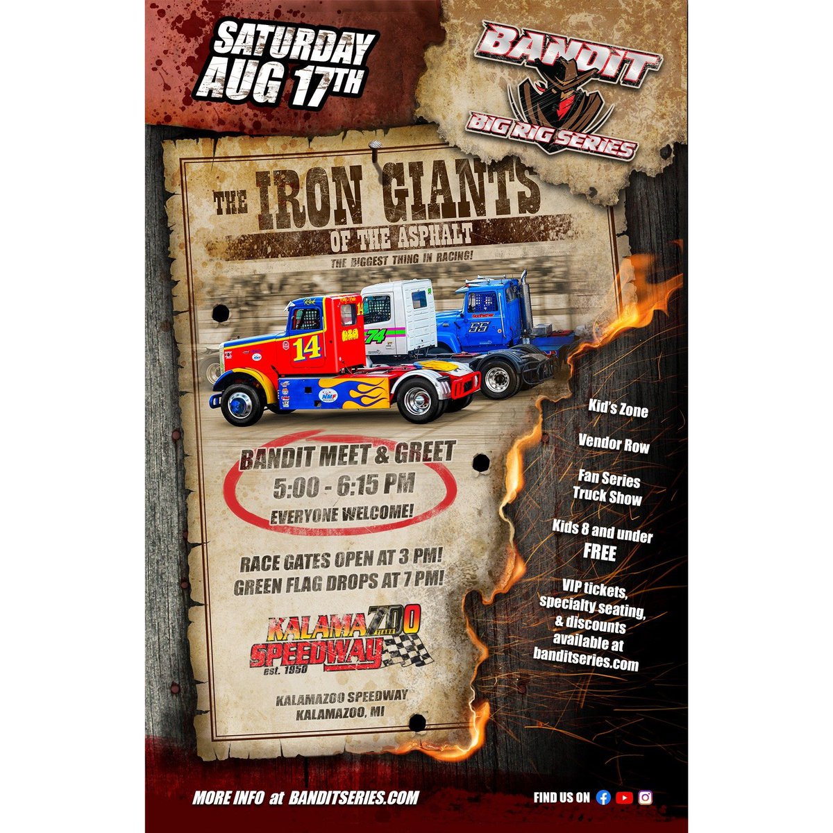 BanditSeries's tweet photo. The Bandit Big Rig Series is set to take on Michigans fastest 3/8 mile high banked oval.  Kalamazoo Speedway - Aug. 17th https://t.co/TvXApIvhBz https://t.co/R1mlYFWCfi