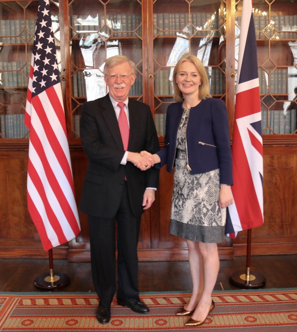 trussliz's tweet photo. Great meeting with @AmbJohnBolton this morning. Strong commitment from both sides to be ambitious, creative and move fast to make early progress with a new UK-US Free Trade Agreement. Where there is a will, there is an FTA! 🇬🇧🇺🇸#UKUSFTA https://t.co/hpuyjQz3cg