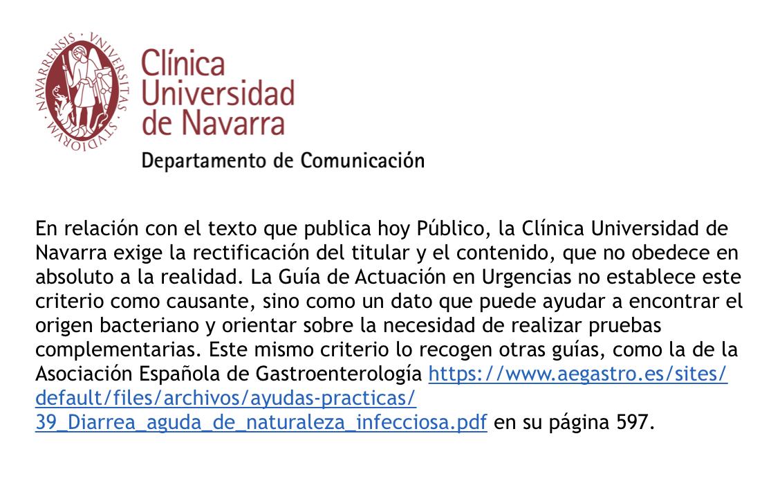 ClinicaNavarra's tweet photo. En relación con el texto que publica hoy @publico_es, la Clínica Universidad de Navarra exige la rectificación del titular y el contenido, que no obedece en absoluto a la realidad.
La Guía de Actuación en Urgencias NO establece este criterio como causante https://t.co/7zeDaMB4Bq