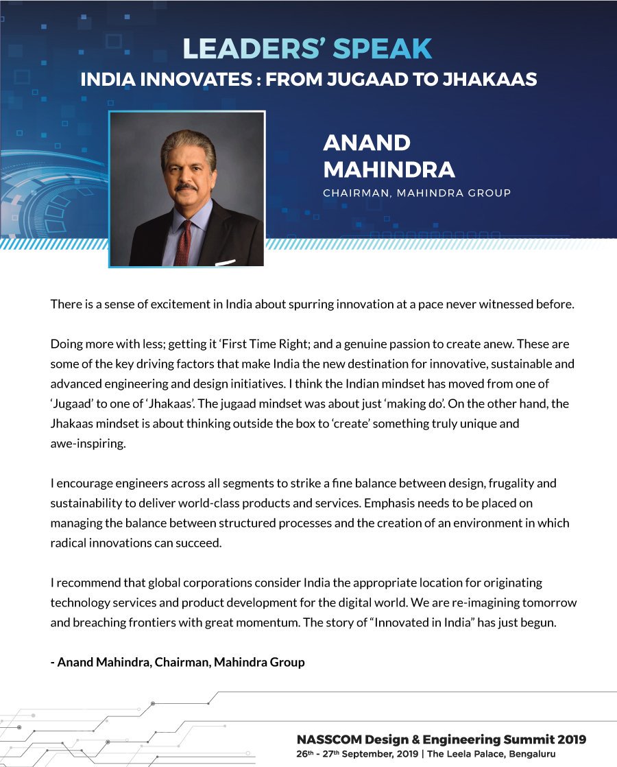 NasscomEvents's tweet photo. @anandmahindra on doing more with less and India emerging as the top innovation destination. The 11th NASSCOM Design &amp; Engineering Summit will have use cases on innovation from India, emerging technologies in ER&amp;D and sustainable engineering. Register Now https://t.co/8dW5pd9QwI https://t.co/ndHjO5M5Fa