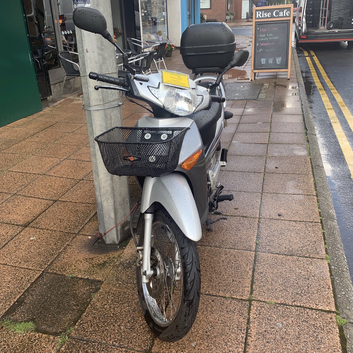 WilmslowBikers's tweet photo. So @CheshireEast common sense has finally left the building. The scooter has traveled using very little fuel, not added to traffic and has released a parking space. It gets a ticket because by the letter of the law it’s on double yellows. It’s not blocking any access #wilmslow https://t.co/fIh3POjmch
