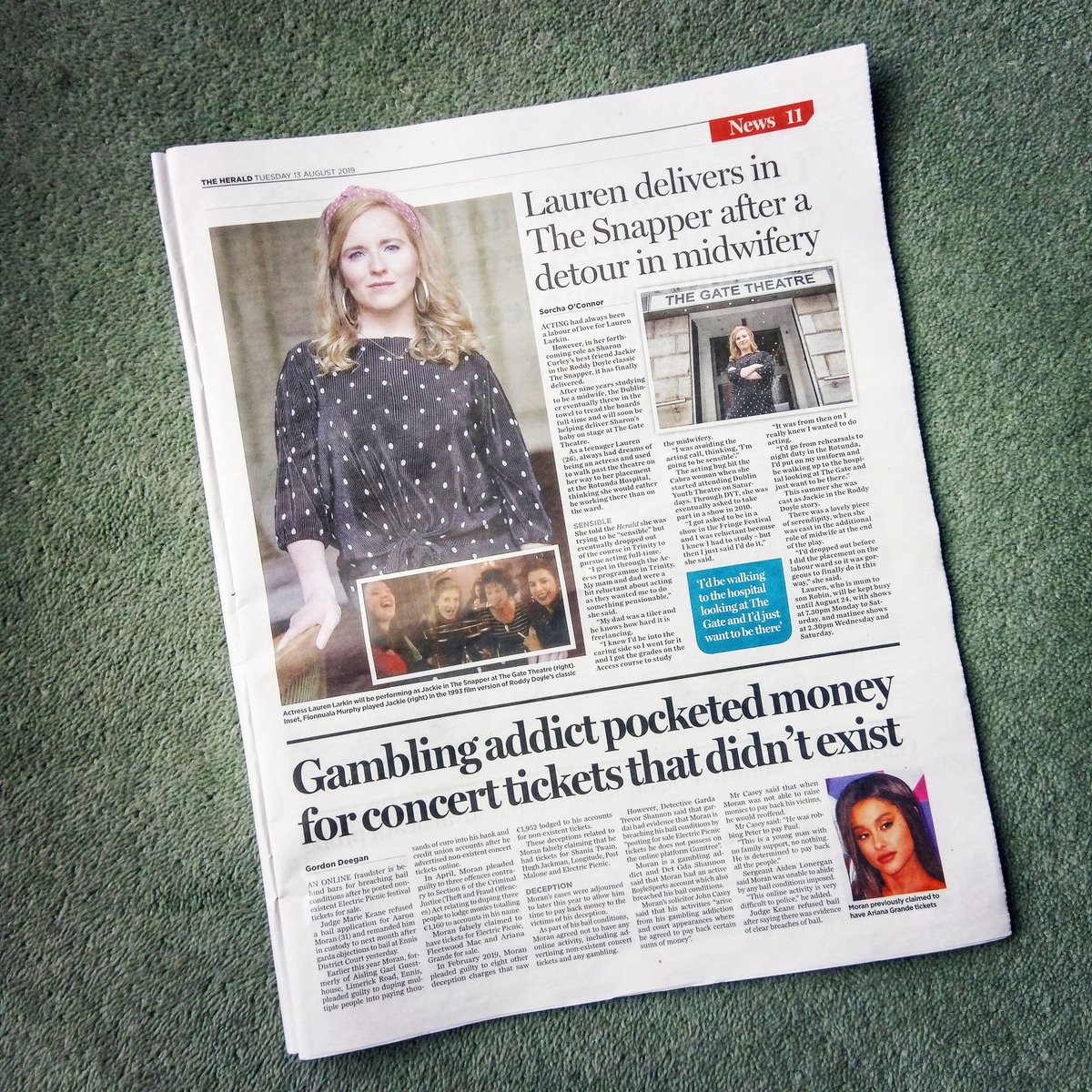 GateTheatreDub's tweet photo. The wonderful @larkin_lauren had a chat with @HeraldNewsdesk about training to be a midwife and following her acting dreams 🎭✨ Pick up a copy and have a read! 

The Snapper must end on 24 August, boon your tickets on https://t.co/I7eZni2EmO

#GateSnapper #SnipSnip #HowyehJackie https://t.co/fwzEgcZ3Ec