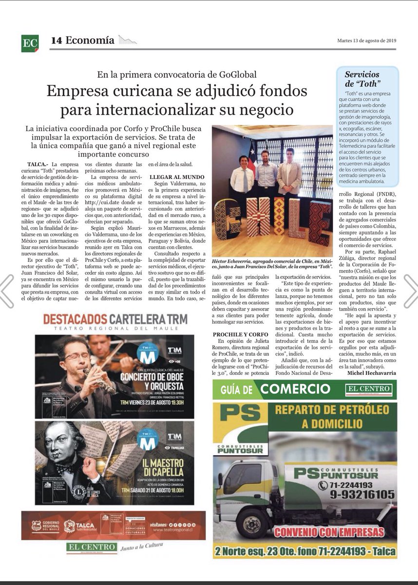 CorfoMaule's tweet photo. #FelizMartes Compartimos con uds. nota publicada en👉 @diarioelcentro sobre empresa @toth_life que se adjudicó #GoGlobalCL apoyado por @Corfo y @ProChile que le permitió viajar a #México.
DRs @rafaelziga y @julietaromerov se reunieron ayer con ejecutivo de empresa ganadora 🇨🇱🌍 https://t.co/S8nPJWS48d