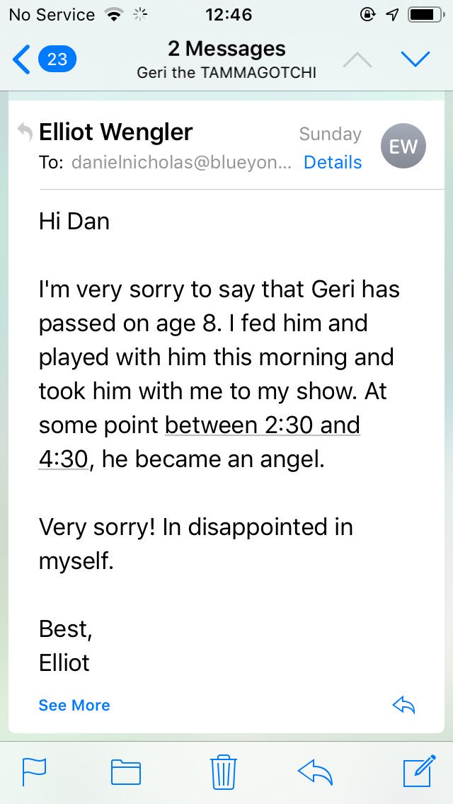 EllisonNicholas's tweet photo. The weekend has hit the #tamagotchi’s hard. Emma’s gone and Geri has also been taken from us. Please take a minutes silence for them. #lessonsinnostalgia 

They’re going to be reset and passed on like a phoenix. Who wants a tamagotchi? https://t.co/G9DHcwNjDT