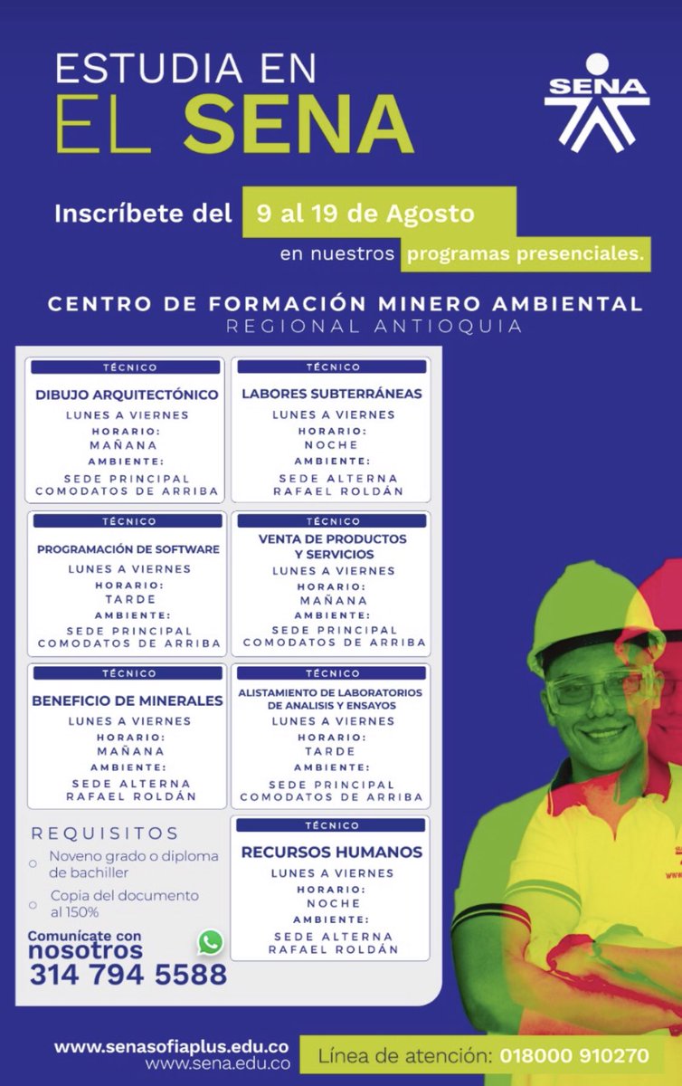LuisCPinedaM's tweet photo. Invitamos a toda la comunidad del Bajo Cauca a participar de nuestra IV oferta educativa. #EstudiaEnElSENA https://t.co/Uqgmu9Pkp8