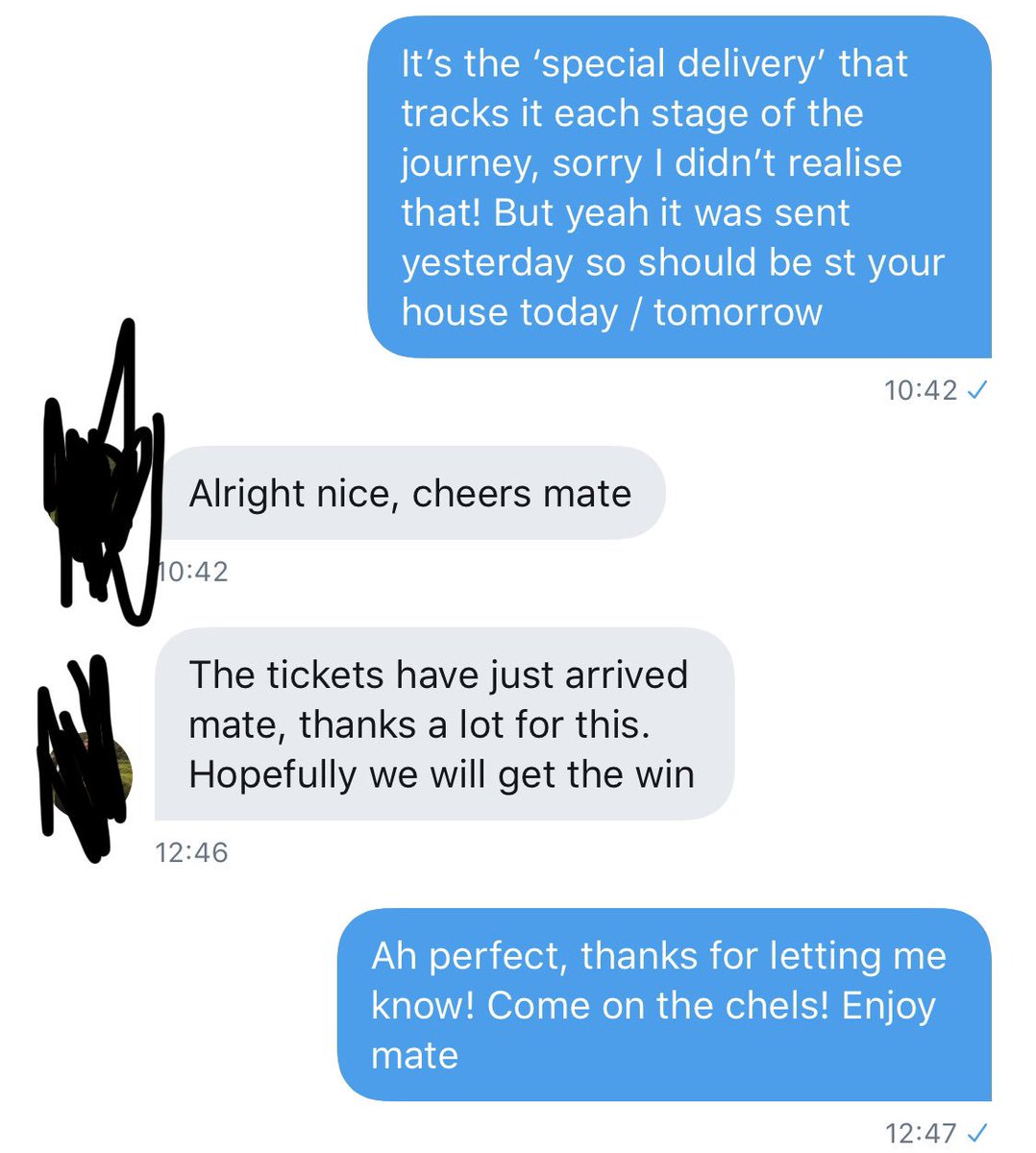 CareFree1905SW6's tweet photo. Happy customer for Leicester tickets👍🏻👍🏻! Always a good idea to ask for some proof before buying tickets off someone on Twitter! Genuine sellers should have a few messages like this! #cfc #cfctickets https://t.co/1t7TgcMCFk