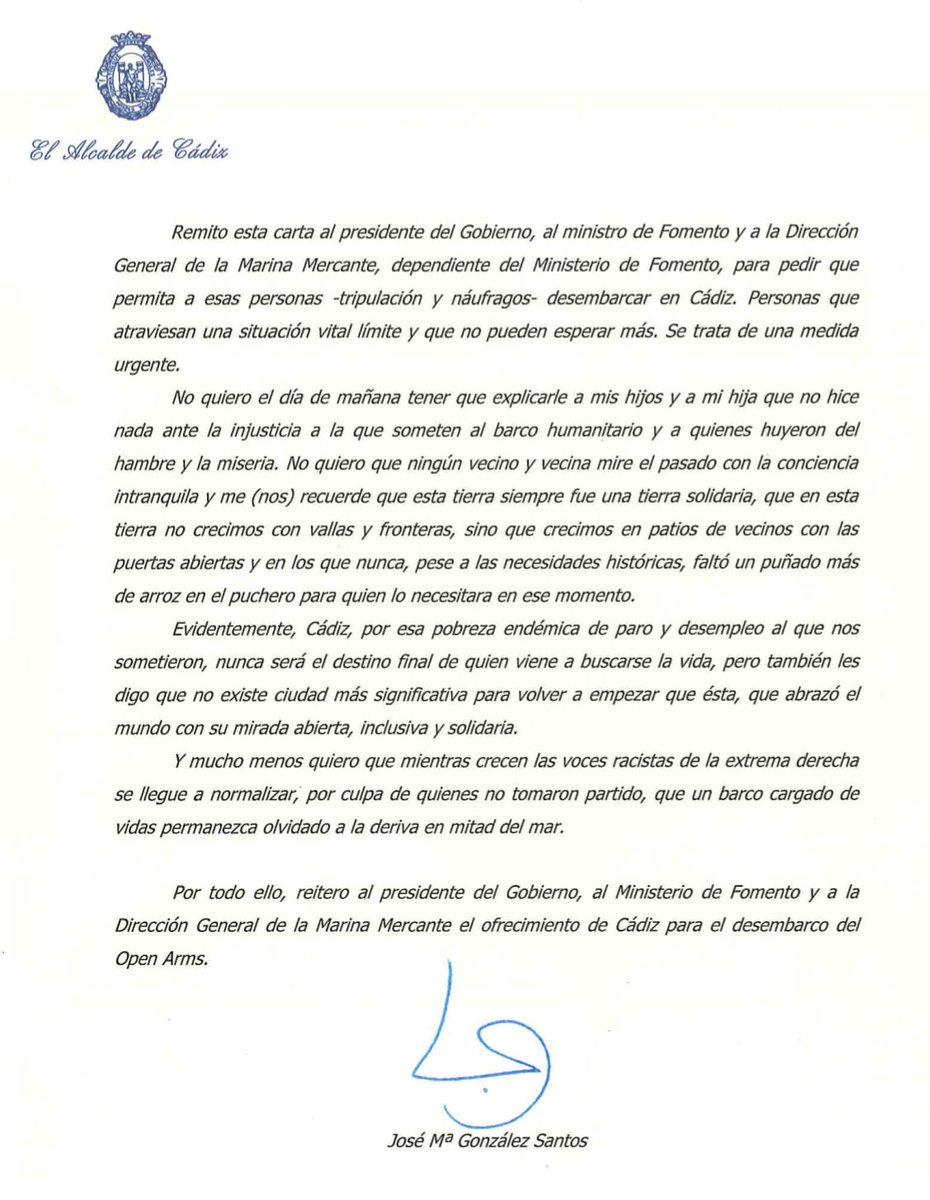 He enviado una carta al presidente del Gobierno ofreciendo Cádiz para acoger la llegada del <a href="/openarms_fund/">Open Arms</a> porque no podemos permanecer impasibles ante esta situación límite que viven más de 150 personas 

Contra la insolidaridad racista, Cádiz propone compromiso y sensibilidad