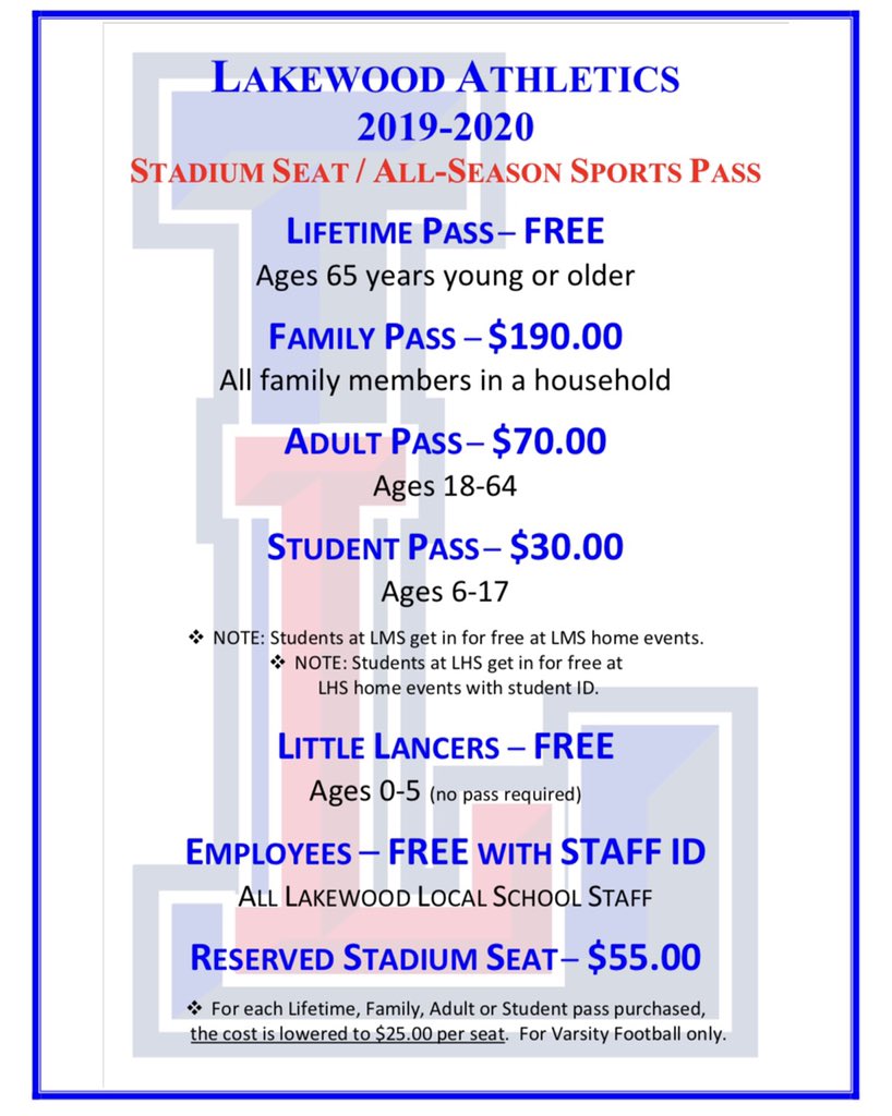 LWHSLancers's tweet photo. Lakewood All-Season Sports Passes &amp; Reserved Stadium Seat Passes for Varsity Football are in!

Your first chance to purchase passes is tonight, 08/13/19, between 5:30-7:00, outside the LHS gym.

There are no fees for scrimmages if you can’t make it out. More sale dates to follow. https://t.co/hrNcl0n0Nz