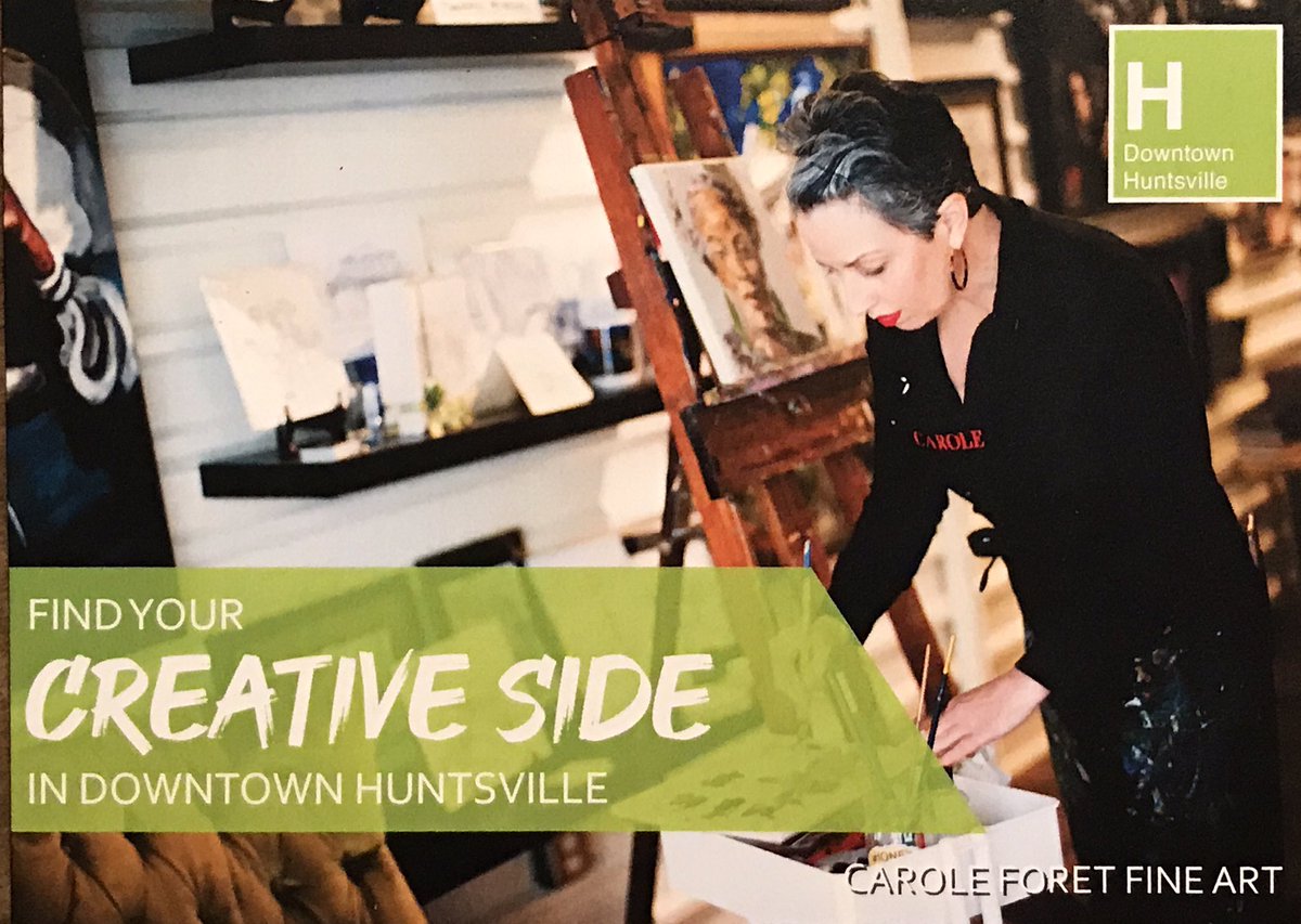 Enroll now for a weekly art class in downtown Huntsville at Carole Forêt Fine Art at Clinton Row. See caroleforet.com for all info and to register. All levels welcome!