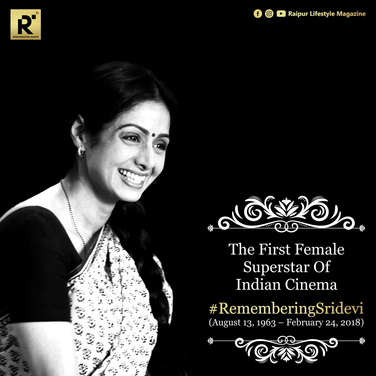 RlmMagazine's tweet photo. Remembering #Sridevi on her #BirthAnniversary. She stood out among others in the entertainment industry with her unmatched talents and skills as the first female superstar of the #IndianCinema. https://t.co/vVLeIuIDOZ