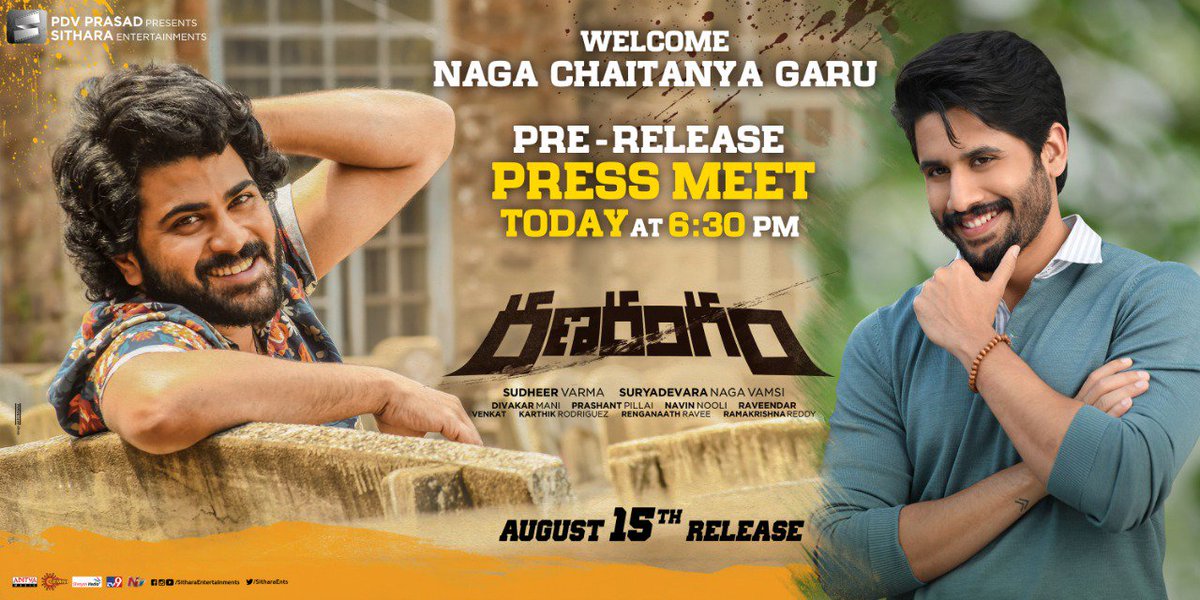 UrsVamsiShekar's tweet photo. .@chay_akkineni and @actor_nithiin are chief guests of #Ranarangam Pre-Release 

 https://t.co/VwnxgGBITE
#RanarangamOn15thAug 🔥🔥

#Sharwa @MsKajalAggarwal @kalyanipriyan @sudheerkvarma @iprashantpillai @vamsi84 @Diva_DOP @actorbrahmaji  @AadarshBKrishna @RajaChembolu https://t.co/xCZwTL2a7F