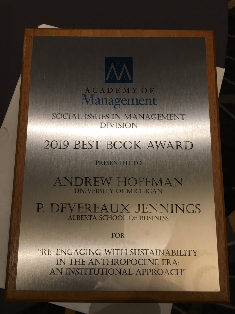 HoffmanAndy's tweet photo. Dev Jennings and I are honored to receive the 2019 Social Issues in Management Best Book Award. @aom_sim @AOM_OrgNatEnv @AOMConnect https://t.co/yrhYoJPQo8