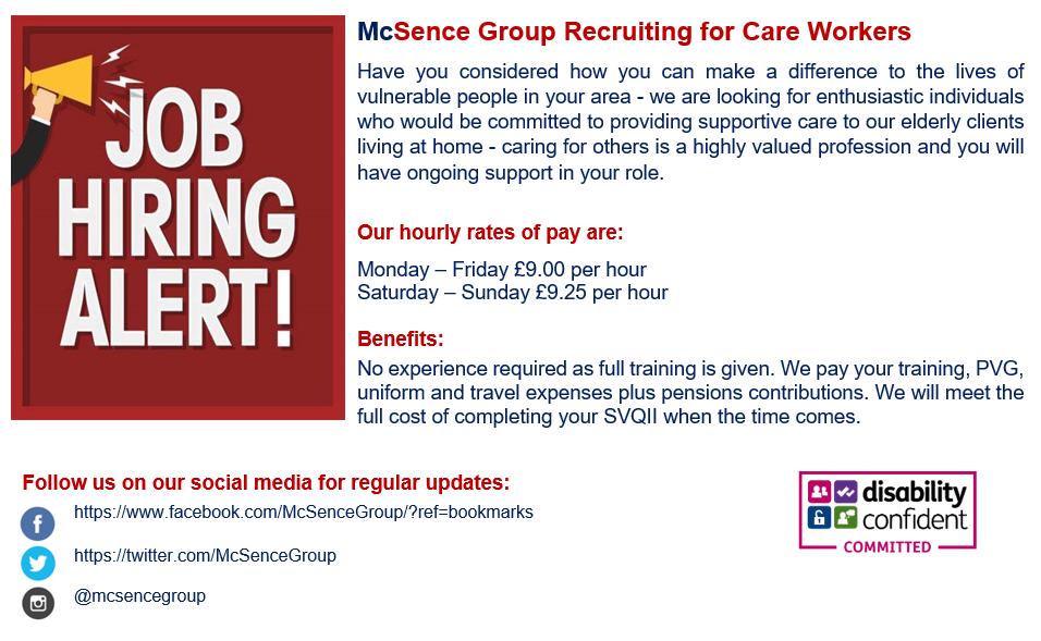 McSenceGroup's tweet photo. McSence Recruiting Now!
Care Worker Positions in Midlothian &amp; East Lothian.
May suit parents who are looking to work around childcare or full time career now that the children have flown the nest...
For further information contact us now on 0131 454 1500 https://t.co/f2mcaHAgPW