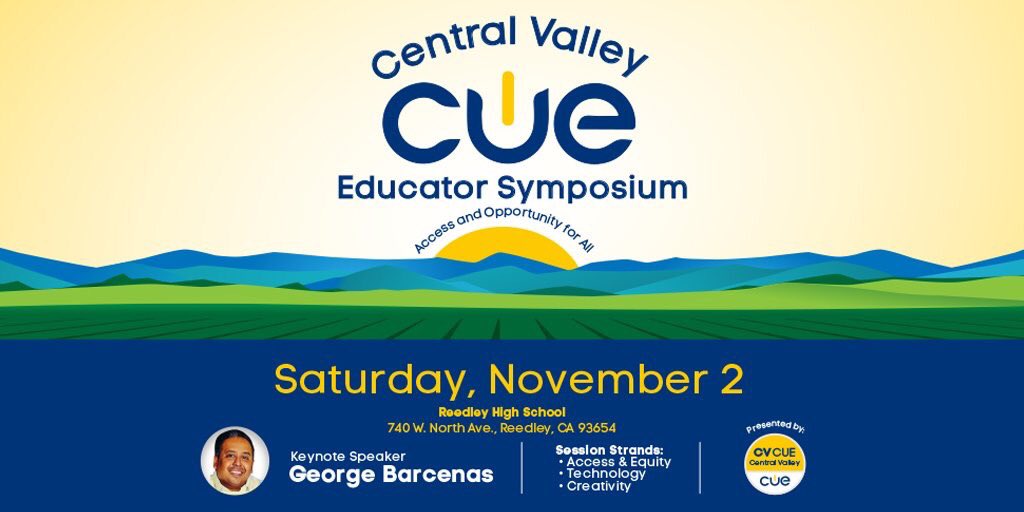 cvcue's tweet image. SAVE THE DATE! Our Call for Presenters for our Fall Event, the &quot;Central Valley CUE Educator Symposium&quot; is now open! 11/2 in Reedley, CA!  @mvsgbarcenas is keynoting! Visit cvcue.org.

Strands include:
-Technology
-Equity &amp;amp; Access
-Creativity
#SomosCUE #WeAreCUE