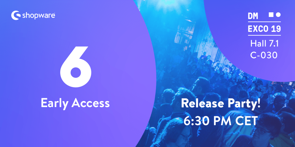 shopware's tweet photo. Visit us at @dmexco and get inspired by Shopware 6.0. Celebrate a legendary release party with cold drinks, buffet and a surprise at our booth (hall 7.1, booth C-030) before we continue in the Cologne Bootshaus with our friends from the @OMRockstars 🎉https://t.co/tM6BNuLRdB https://t.co/B32asKfMlh