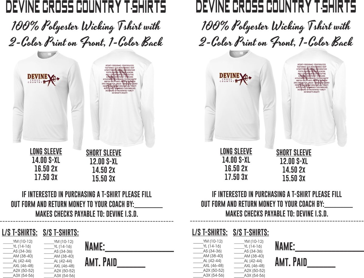 2019 XC shirts for sale.  Contact me for details or mail form w/ payment to Devine High School (attn: Jerel Beaty)--1225 W Hondo Ave-- Devine, Tx 78016.