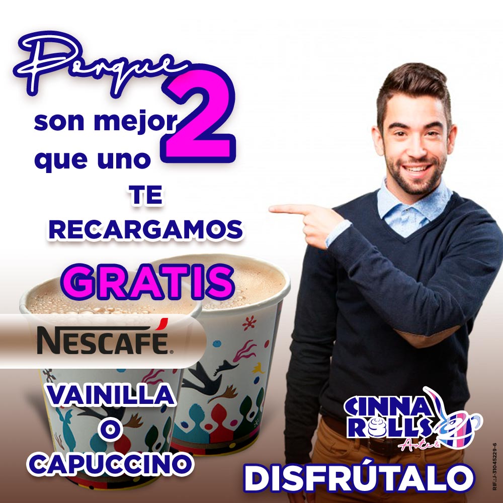 En @cinnarollsoficial te recargamos gratis tu nescafe vainilla o capuccino gratis, ven y disfruta de esta gran oferta en cualquier de nuestros locales ubicados en Caracas.