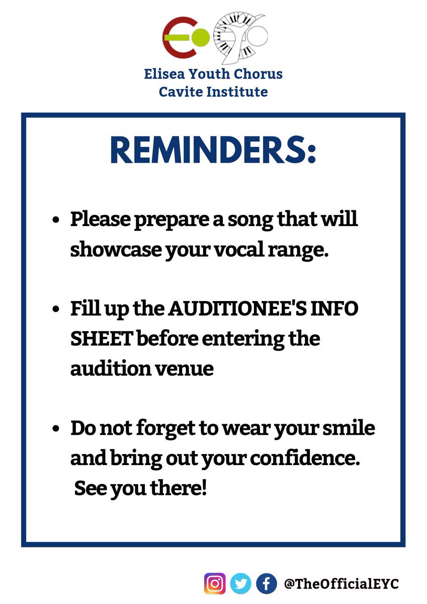TheOfficialEYC's tweet photo. Panahon na naman ng pagkilatis at pagpili sa mga susunod na miyembro ng aming grupo!

Tara na at sumali! Iintayin namin kayo sa tagpuan!

❤️

EYC

#Agosto
#BuwanNgWika

#AuditionWeek
#EYC2019 https://t.co/sgLcSw7LQl