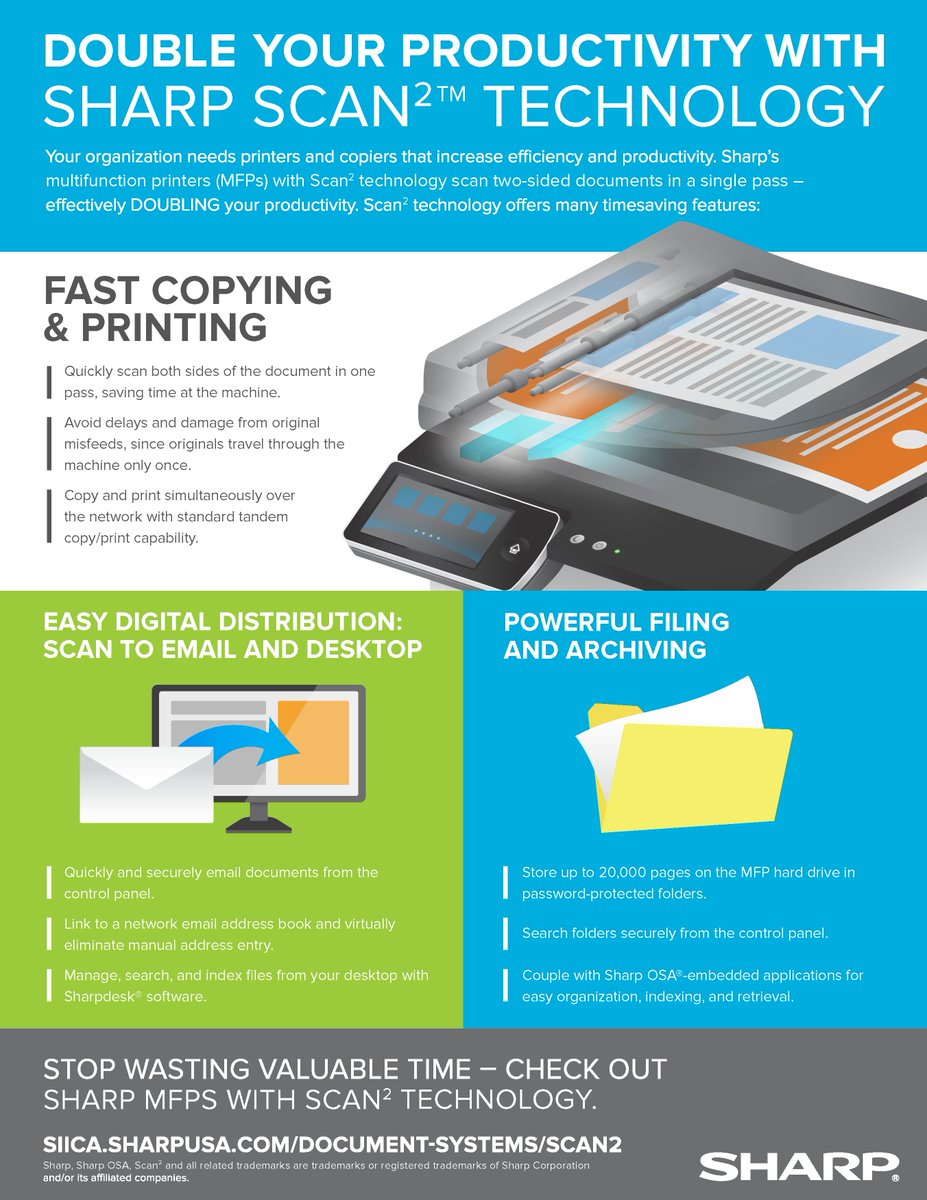 #TechTuesday #TuesdayTopic Double your productivity with Sharp Scan2TM Technology! Scan2TM prevents problems and saves time.  Ready for a demonstration? Call 817 or 214 730-8000 <a href="/Sharp_Business/">Laureano Antonioni</a> <a href="/SOSTX13/">SOS Texas</a> #printer #OfficeInnovation #MFP
