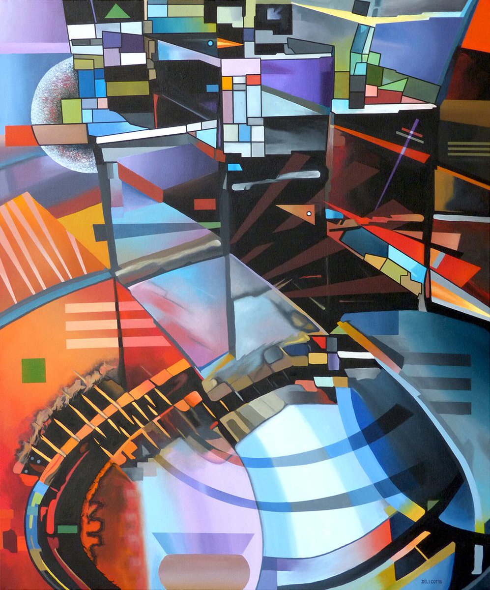DillCotts's tweet photo. Title: Cotton Kandy. (Acrylic on Box Canvas 100x120cm x5cm) Painted sides. (no frame required) 2019. The base image is a painting I completed earlier this year, I combine this with the style image - Wassily Kandinsky's 'Oben und Links' 1925. https://t.co/6n3nPbMF9s