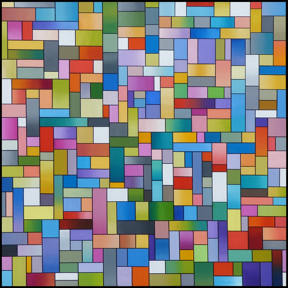 DillCotts's tweet photo. Title: Quadrilateral Code. (Acrylic on Box Canvas 90x90cm x5cm) Painted sides. (no frame required) 2019. This painting was created to follow up on the previous painting - Cotton Kandy. https://t.co/9C8EnmlJvc