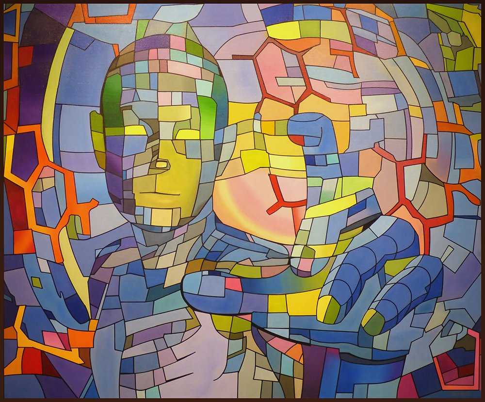 DillCotts's tweet photo. Title: The Perfectionist. (Acrylic Canvas 100x120cm x5cm) Painted sides. (no frame required) 2019. Through gene enhancement or even tech implants, the body is getting its upgrades not from Darwin, but from robotics or genetic engineering. https://t.co/XSCyzmO0Ok