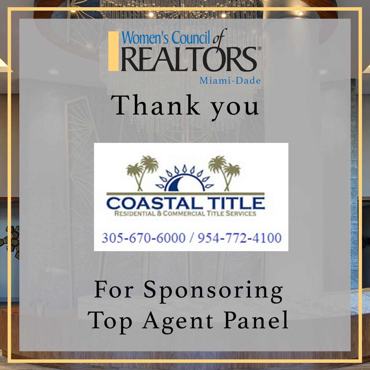 WCRMiami's tweet photo. 🙏🏻Thank you “Coastal Title” for sponsoring: 

⭐️Top Agent Panel
📅Wednesday, August 14th
⏰11:00 am to 2:00 pm
📍5250 NW 58th Avenue, Doral
🎟For Tickets ➡️click on link https://t.co/InZxxrq0t5

#leadersmadehere #womenscouncilmiami #womenempoweringwomen https://t.co/3xACqKUlz0