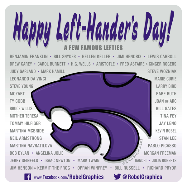 RobelGraphics's tweet photo. Today is International Left-Hander's Day. As a Lefty (&amp; a K-Stater), I thought the day deserved to be recognized. Here's to all the Southpaws! Go Cats! #KState #EMAW https://t.co/JmIeyPA9M1