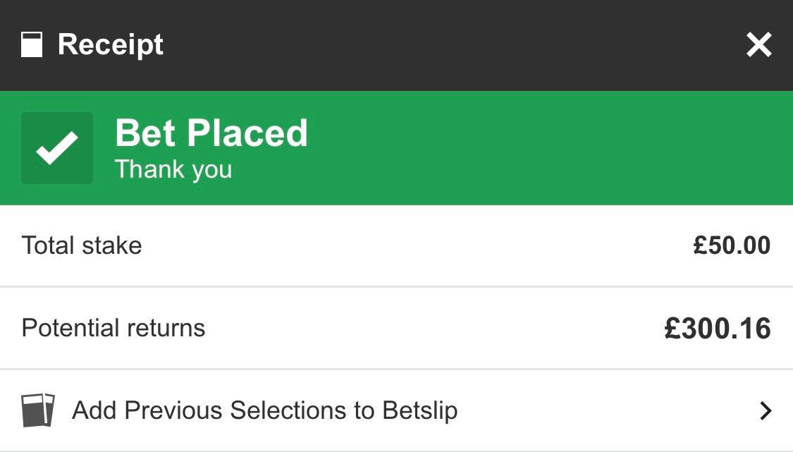 ⁉️ £300 CASH GIVEAWAY

To celebrate hitting 50k followers AND winning two accas in a row, I’ve placed £50 on tonight’s acca and if it wins...

💰 ONE OF YOU WILL GET THE £300 CASH WINNINGS

To enter:

🔁 RT this tweet
📳 Turn notifications on

This could be absolute scenes!