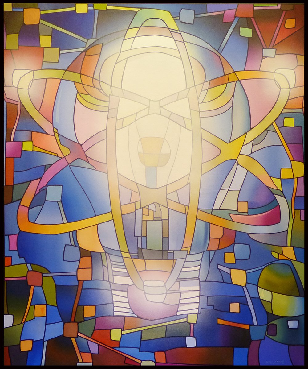 DillCotts's tweet photo. Title: Micro Fusion. (Oil on Box Canvas 100x120cm x5cm) Painted sides. (no frame required) May 2019. Last year the UK spent £2.1 billion on pizza delivery but only £20 million funding Nuclear Fusion Research. https://t.co/aDDzqbRInN
