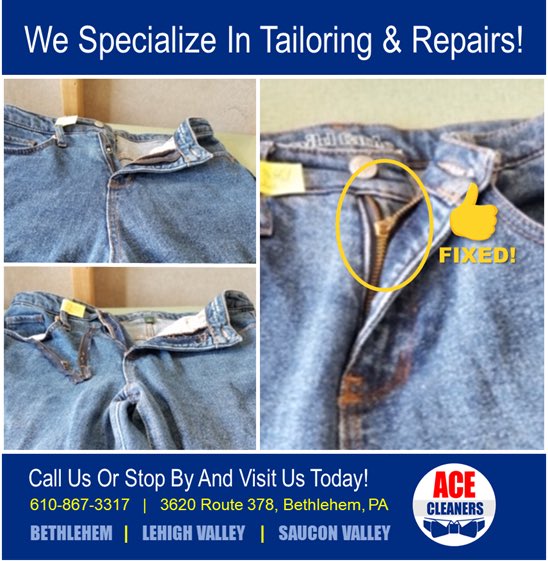 AceCleanerPA's tweet photo. ACE Cleaners located in Bethlehem, PA.
 
We have over 26 years of experience in tailoring, repairs, alterations, and dry cleaning.
 
Call or stop by today for all of your clothing needs!
 
610-867-3317
 
#drycleaners #cleaners #alterations #tailoring https://t.co/GYxduHzxMZ