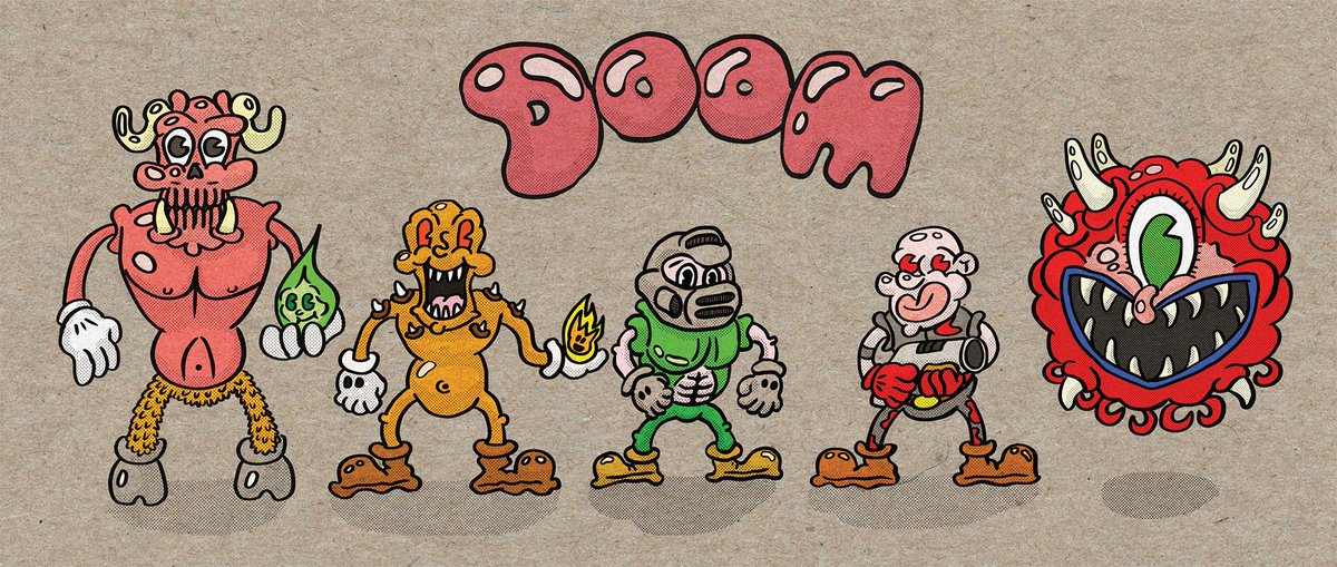 AROWE77's tweet photo. Here are all of the @DOOM characters I drew. Don't they look fierce!? #Doom #DoomEternal #doomguy #doomslayer #hell #quakecon #doomcon #meatball #shotgunguy #baronofhell #cartoons https://t.co/MCdKMYamUB