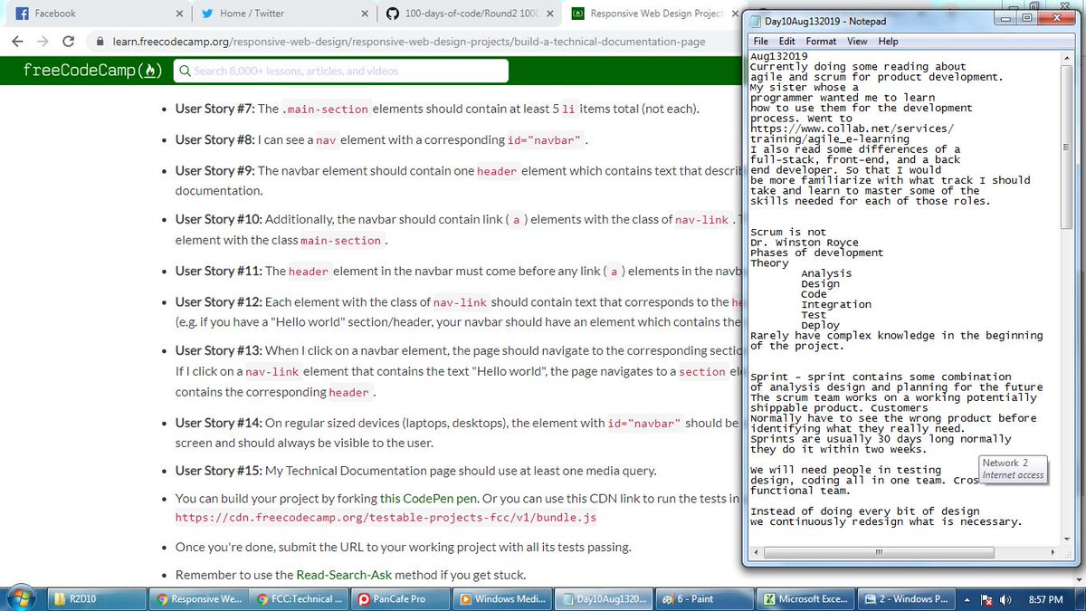 BonzerrLopez's tweet photo. #100daysofcode #R2D10: 8/13/2019
Still working on the technical documentation. Working on fulfilling the User stories and validated the semantics.
Read about agile and scrum for product development. Read some articles about full-stack, front-end, and a back-end developer. https://t.co/xT7uikZryk