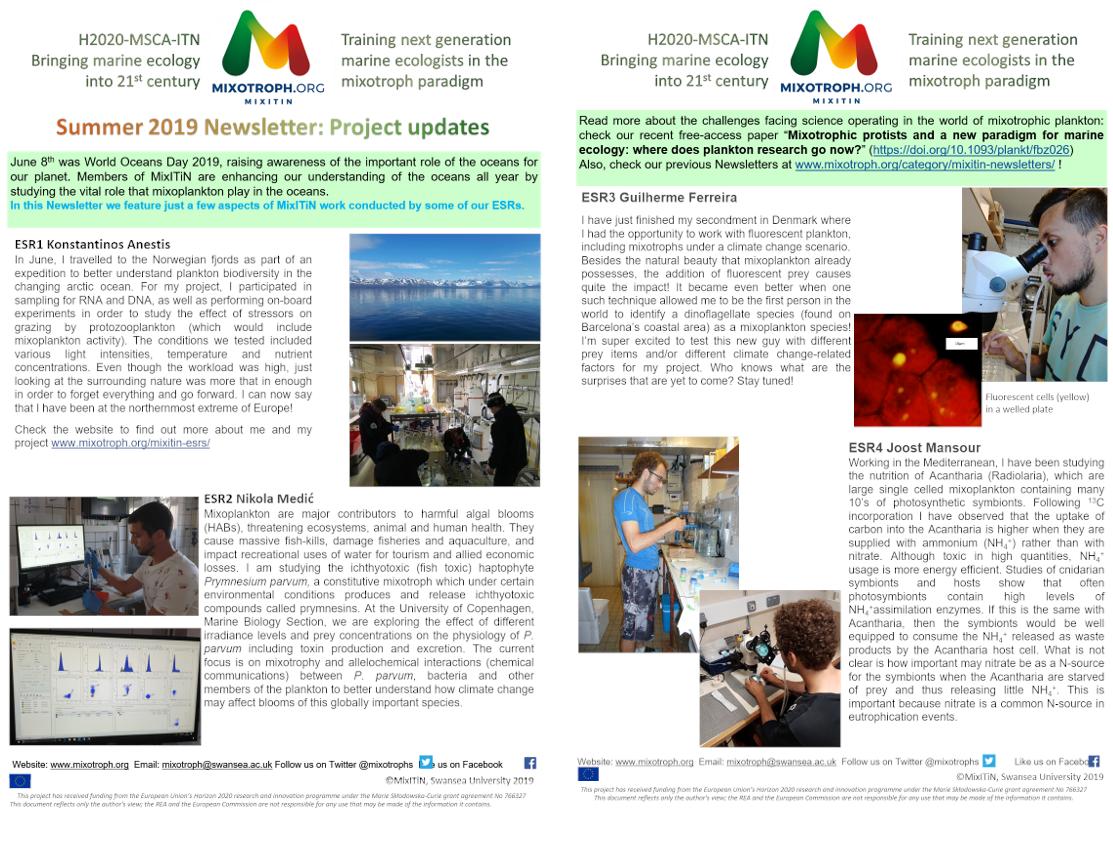 mixotrophs's tweet photo. Our Summer Newsletter is out! Check out what the MixITiN #ESRs Kostas, Nikola, Gui &amp; Joost are upto in their @MSCActions projects https://t.co/R2WZIdAhj1  @Kostas_Anestis @Nikola42443341 @Gui_D_Ferreira @JoostMansour @EU_H2020 #phdlife #protist #mixoplankton #marinelife #ecology https://t.co/5GrEh3hCBc