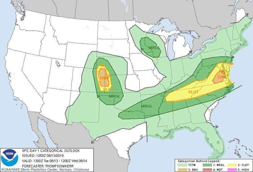 NWSSPC's tweet image. 8:01am CDT #SPC Day1 Outlook Enhanced Risk:  this afternoon across va, and this afternoon/evening across the central high plains go.usa.gov/YWq5