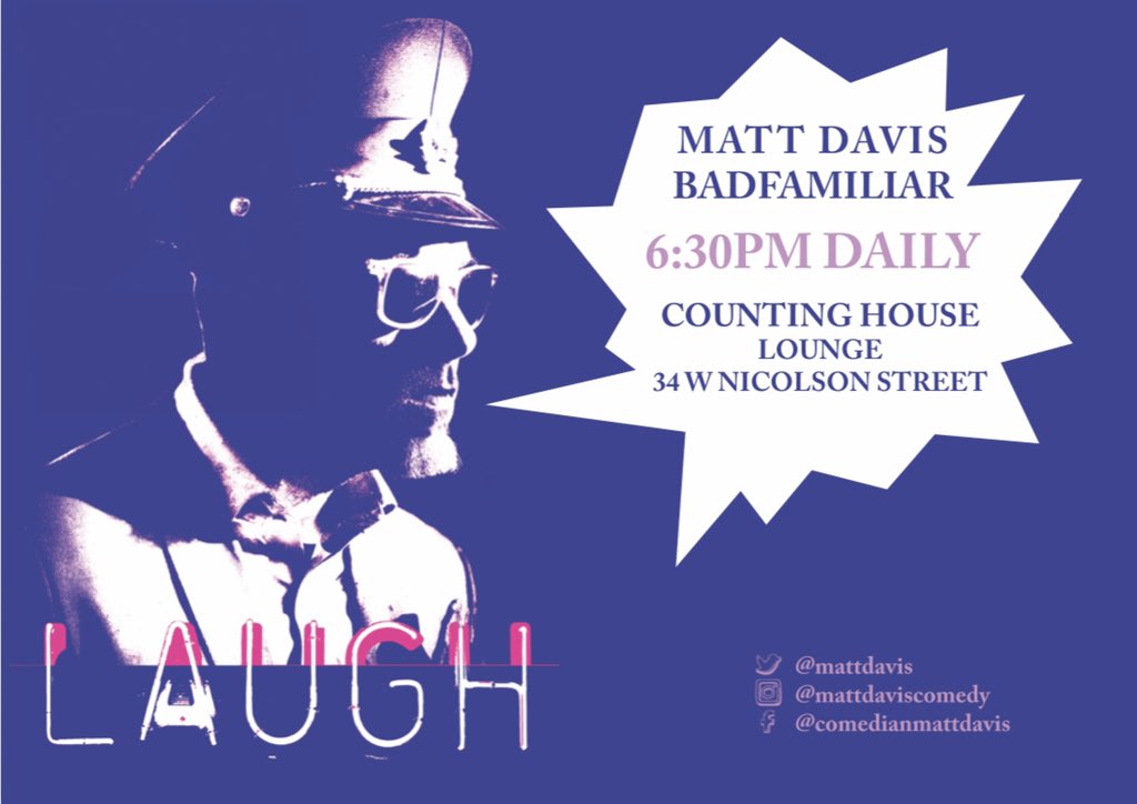 Added a 6:30PM show daily at <a href="/CountingHouseEd/">countinghouseedinburgh</a> in the Lounge room! 

If this gets enough* RTs I’ll climb the castle, pull down the Union Jack, and replace it with a “Boris Johnson is a Fanny”** banner.

*more than 1 😂 
**fanny? fannie? No idea
#edfringe #edfringe2019