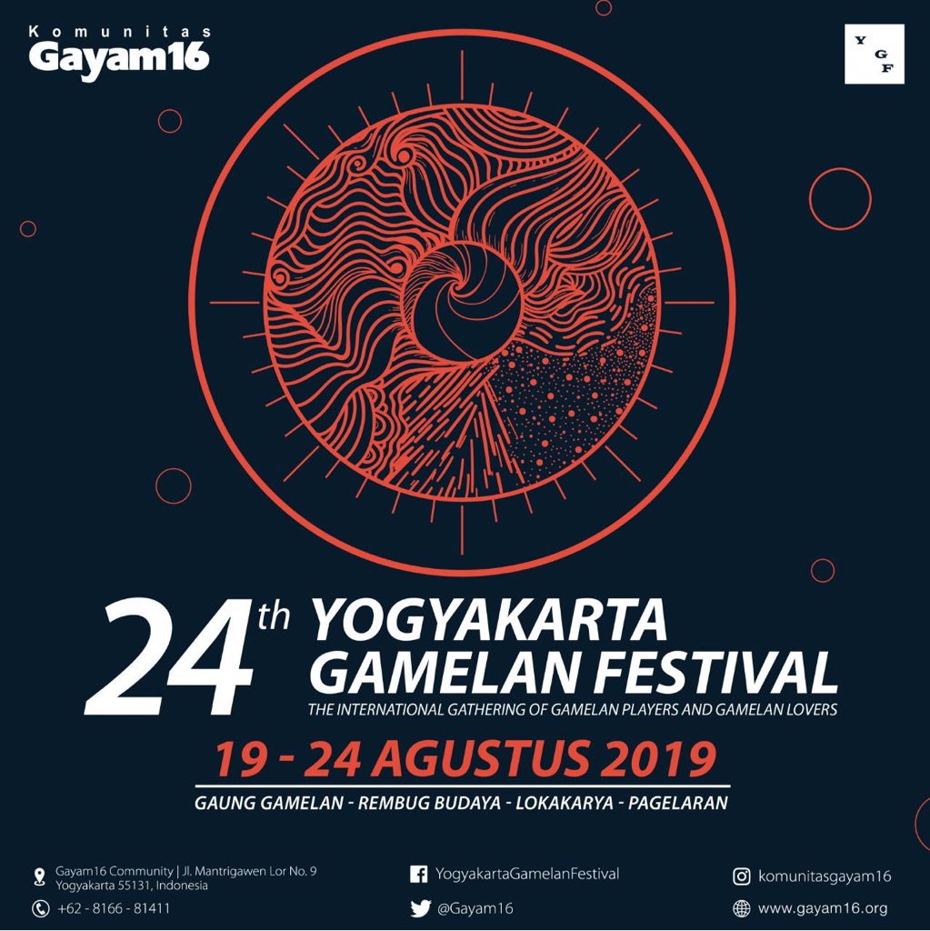 Gayam16's tweet photo. Haii #Gamelanlovers!! Siap² ya, SEGERA:

24th Yogyakarta Gamelan Festival
“𝘛𝘩𝘦 𝘐𝘯𝘵𝘦𝘳𝘯𝘢𝘵𝘪𝘰𝘯𝘢𝘭 𝘎𝘢𝘵𝘩𝘦𝘳𝘪𝘯𝘨 𝘰𝘧 𝘎𝘢𝘮𝘦𝘭𝘢𝘯 𝘗𝘭𝘢𝘺𝘦𝘳𝘴 𝘢𝘯𝘥 𝘎𝘢𝘮𝘦𝘭𝘢𝘯 𝘓𝘰𝘷𝘦𝘳𝘴”

19 s.d. 24 Agu'19
@ Plaza Ngasem Yk

FREE! (...) https://t.co/rFZPwSrbau

#YGF24 https://t.co/wvmLoDM6fb