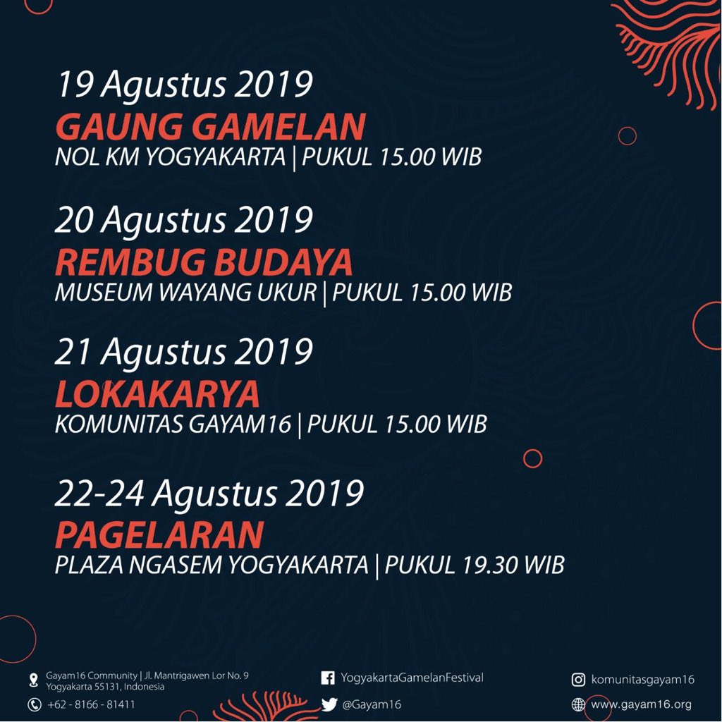Haii #Gamelanlovers!! Siap² ya, SEGERA:

24th Yogyakarta Gamelan Festival
“𝘛𝘩𝘦 𝘐𝘯𝘵𝘦𝘳𝘯𝘢𝘵𝘪𝘰𝘯𝘢𝘭 𝘎𝘢𝘵𝘩𝘦𝘳𝘪𝘯𝘨 𝘰𝘧 𝘎𝘢𝘮𝘦𝘭𝘢𝘯 𝘗𝘭𝘢𝘺𝘦𝘳𝘴 𝘢𝘯𝘥 𝘎𝘢𝘮𝘦𝘭𝘢𝘯 𝘓𝘰𝘷𝘦𝘳𝘴”

19 s.d. 24 Agu'19
@ Plaza Ngasem Yk

FREE! (...) instagram.com/p/B1GtrQjh08x/…

#YGF24