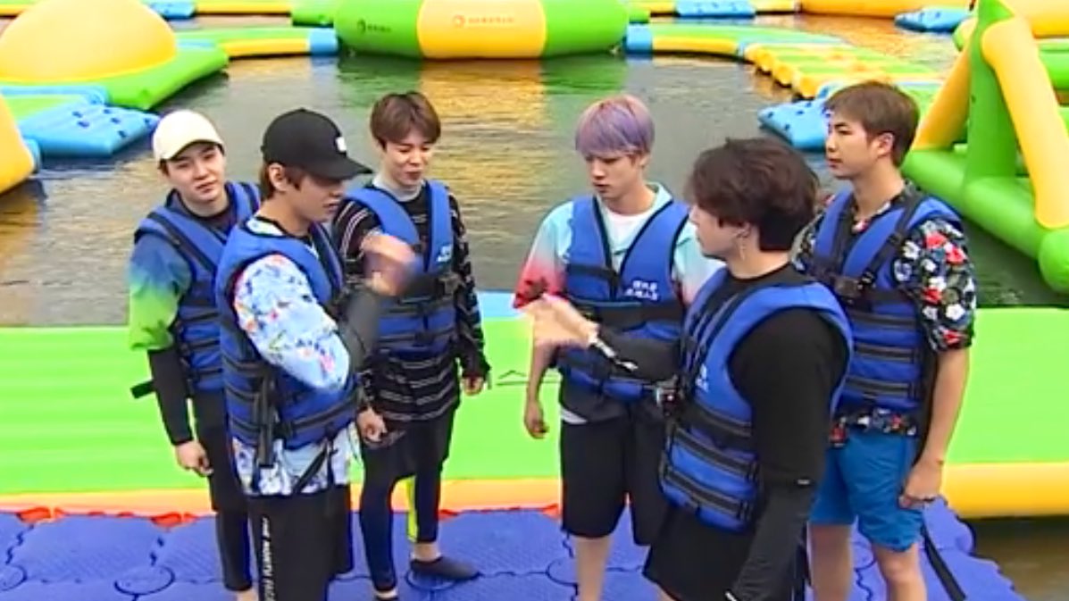 The waterpark adventure shows us how Jungkook is so attentive when ot comes to Taehyung! Like, boy I know u are whipped but how come u cant stop clowning ur baby boy’s cuteness all throughout the games #vkook  #kookv  #taekook 
