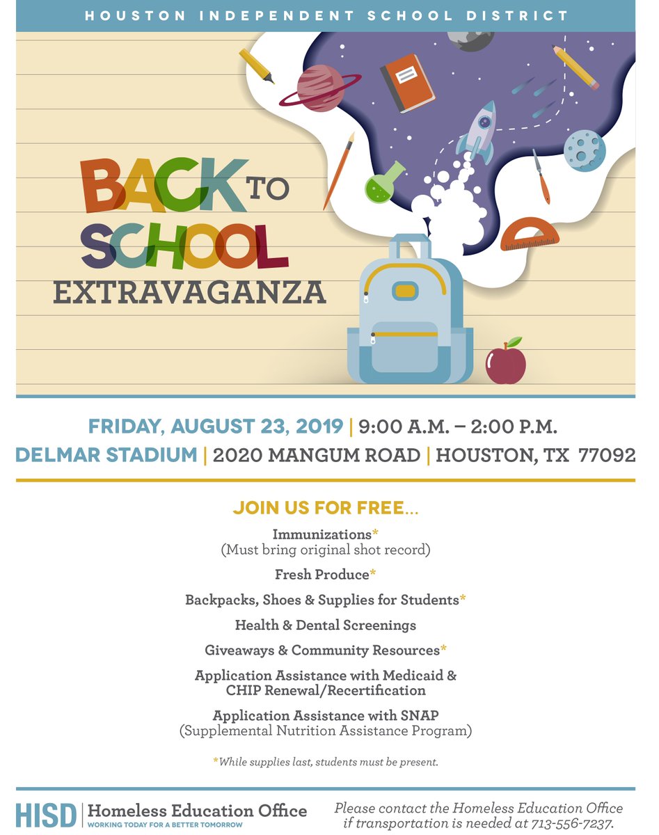 HoustonISD's tweet photo. ❗️ 8 days until #HISD's Back to School Extravaganza on Aug. 23! Lots of FREE resources will be available, including school supplies, health screenings, fresh produce, and more! https://t.co/MPsI9Fog7Q #HISDEmpowers #BTS2019 https://t.co/bBFjz6rjB5