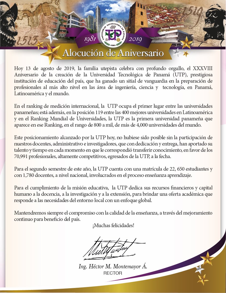 utpfisc's tweet photo. Hoy estamos de Aniversario en la @utppanama
Con gran orgullo felicita a tu universidad y si eres #Utepista, levanta tu mano 🖐️🙌👋🖐️👏
#OrgulloUTP #OrgulloFISC #SoyUTP https://t.co/MFWomJDsLs