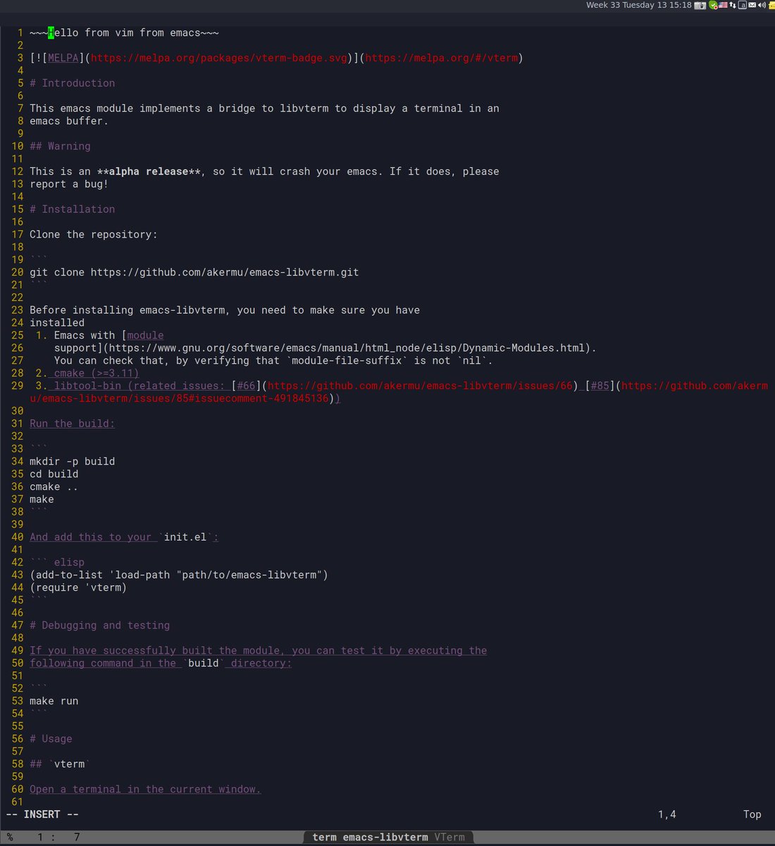 dead_trickster's tweet photo. #vim running in #emacs. Thanks to https://t.co/i4asXzy054 https://t.co/IDJANNbOlt