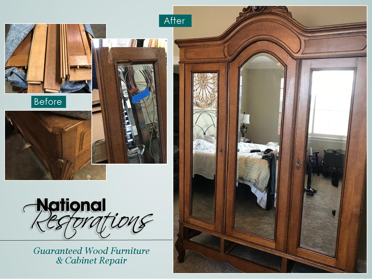 ThinkRestore's tweet image. This large antique armoire was damaged in a hurricane and had been disassembled. There were chips in one of the doors and the base and it had developed mold and mildew damage as well. Thanks to a careful, artistic restoration, it's now back in use and beautiful as ever!