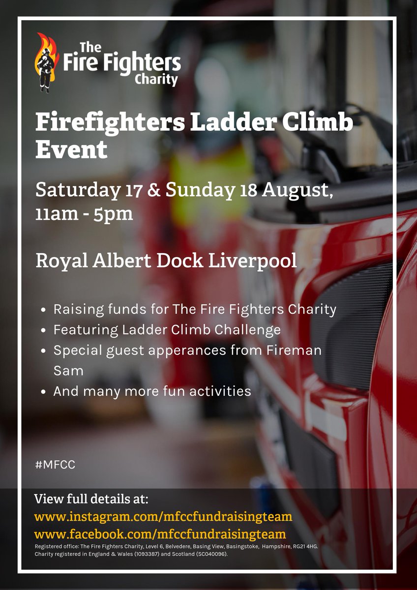 MerseyFire's tweet photo. Firefighters will be taking part in a charity ladder climb this weekend in aid of @firefighters999. 

The event takes place at @theAlbertDock on Sat 17th &amp; Sun 18th August, 11am - 5pm.

🚨🚒👨‍🚒👩‍🚒🔥

Click the below image for further details 👇👇 https://t.co/VTSTGJklMb