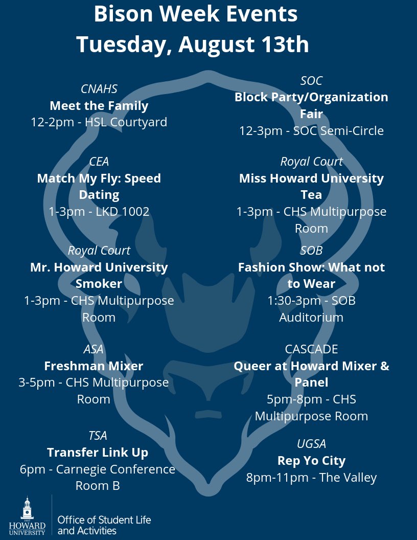 HUCampusLife's tweet image. Hey #HU23, take a look at today’s Bison Week events! #Howard #HU #BisonWeek