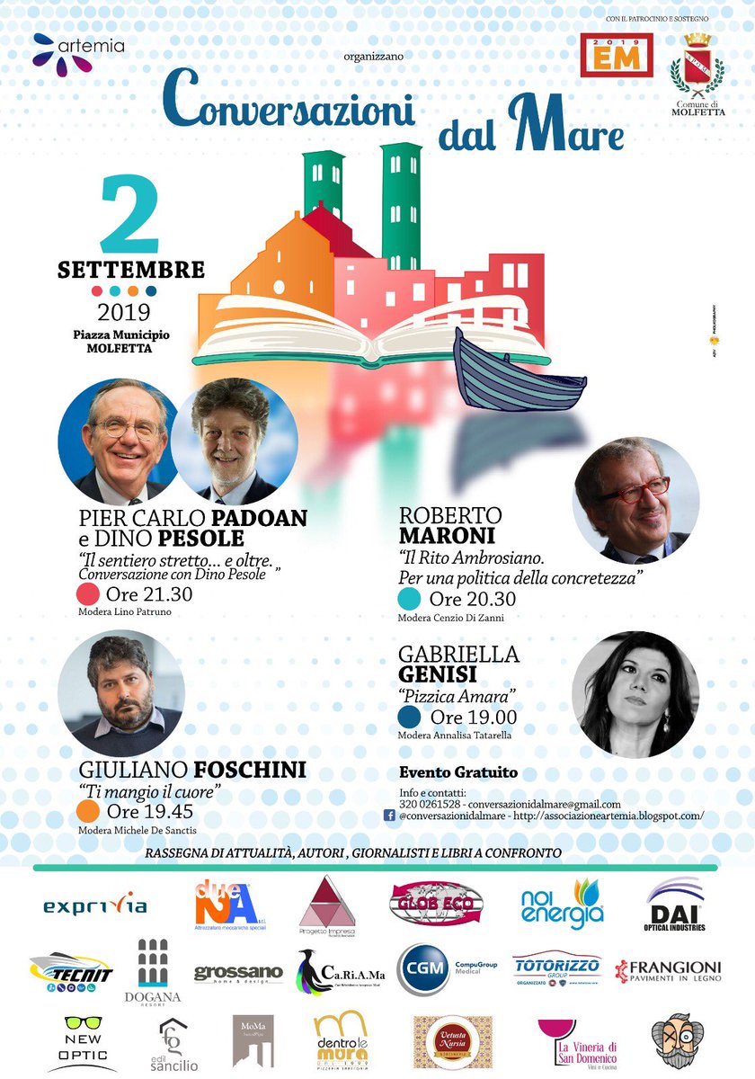 Molfetta ospita una piccola grande rassegna di attualità il 2 settembre per conversazioni dal mare @pier Carlo padoan <a href="/DinoPesole/">Dino Pesole</a>  <a href="/RobertoMaroni_/">Roberto Maroni</a>  @giulianofoschini <a href="/gabriellagenisi/">gabriella genisi</a>