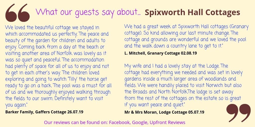 Spixhallcottage's tweet photo. #spixworthhallcottages #greatreviews #fabstays #readallaboutit - make your memories count...book a break with us! Thanks to everyone that reviews us, we love to hear from you! https://t.co/YwphGUlp7U