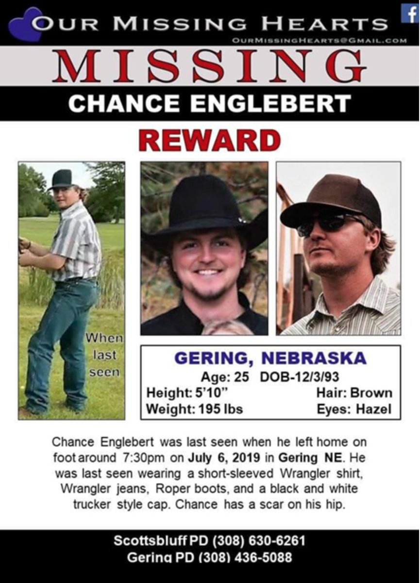 SearchForMeFou1's tweet photo. Chance Leslie Englebert, Age 25, last seen July 6, 2019 From Terrytown, NE Br Hair, Blue Eyes
5' 11" 195 lbs
Said he was walking to Torrington, WY. Seen on video surveillance walking. Last cell phone use Terrytown n Scottsbluff, NE.
NamUs #MP59295
#searchforme #MissingPerson https://t.co/sl0RnzaM7Q