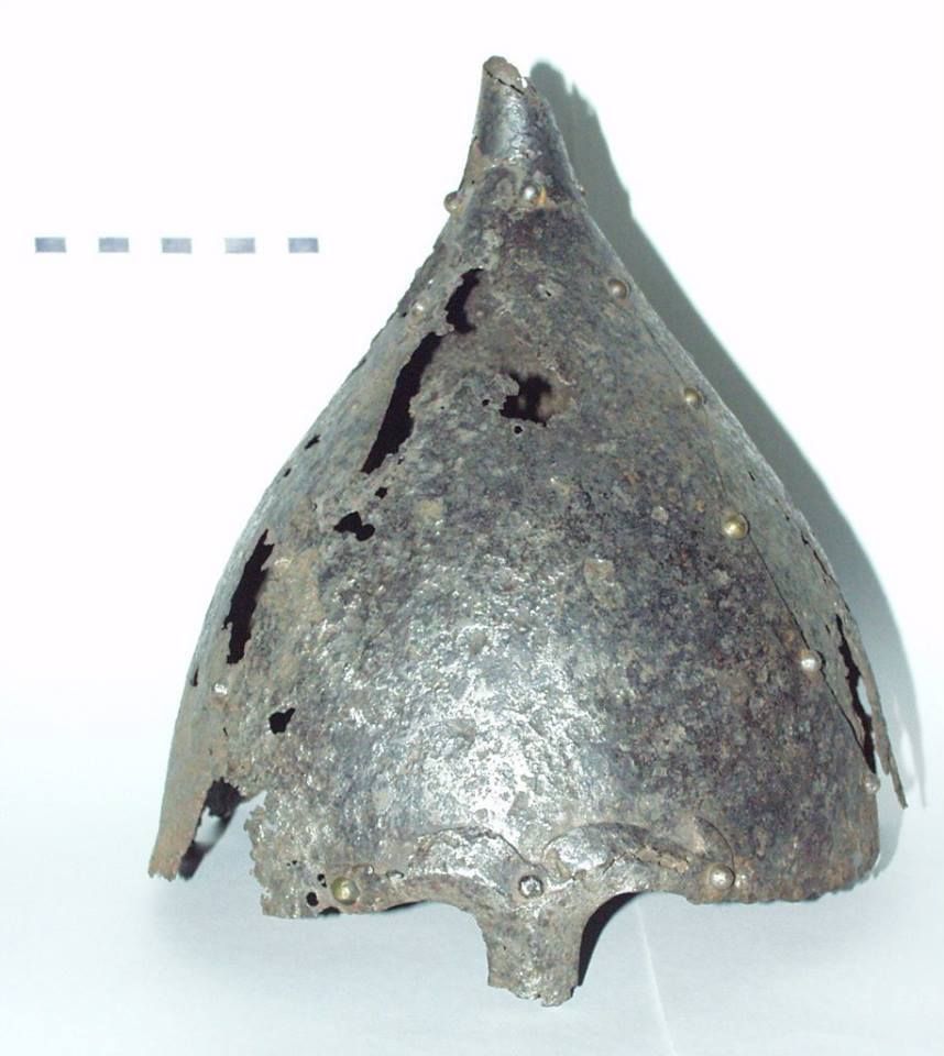 What's notable about it is that it's similar in construction to the later 10th century Khazar helmets, moreso than spangenhelmets. They have four piece bowls riveted directly to each other, rather than reinforced with metal strips like proper spangenhelmets of the Leiden-type.