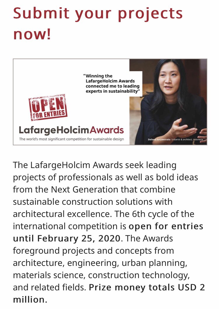 africanbiohub's tweet photo. LafargeHolcim Awards

Prize: USD $2 million
Target Group: Young professionals &amp; students that combine sustainable construction solutions with architectural excellence 

Deadline: 25 February 2020

Apply here: https://t.co/viqZSq4HPa https://t.co/4yS2gCPqtU